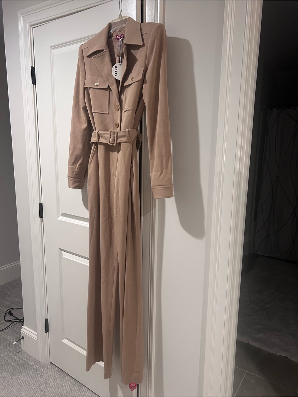 STAUD Tan Utility Belted Long-Sleeve Jumpsuit